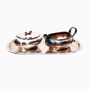 Antique Silver Tray with Sugar Bowl and Milk Jug, Set of 3-BXB-1427503