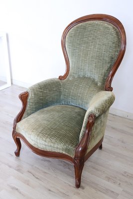 Antique Sold Walnut Armchair with Velvet Seat, 1850s-DCO-1299640