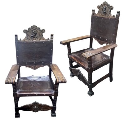 Antique Spanish Colonial Walnut and Leather Armchairs, 19th Century, Set of 2-TCS-2020678