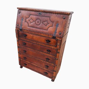 Antique Spanish Leather and Cast Iron Secretary with Drawers-TCS-1821202