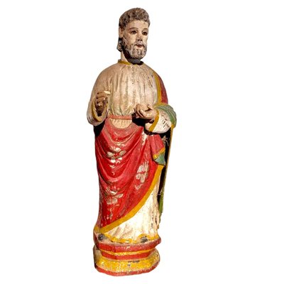 Antique Spanish Religious Saint Figure Hand-Carved in Wood with Remains of Polychrome, 19th Century-TCS-1816425