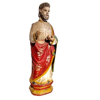 Antique Spanish Religious Saint Figure Hand-Carved in Wood with Remains of Polychrome, 19th Century-TCS-1816425