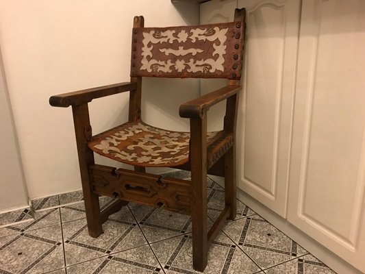 Antique Spanish Throne in Walnut and Skin, 1600s-WQQ-1447168