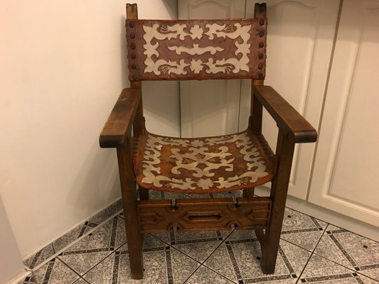 Antique Spanish Throne in Walnut and Skin, 1600s-WQQ-1447168