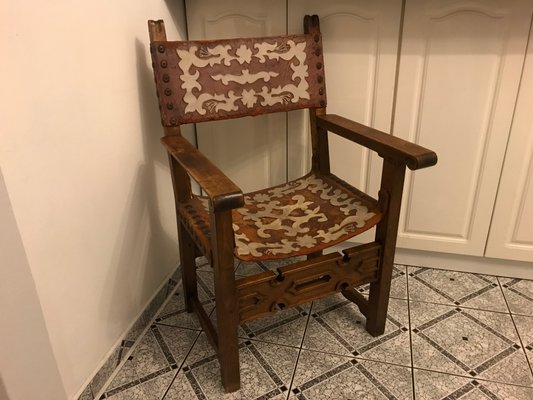 Antique Spanish Throne in Walnut and Skin, 1600s-WQQ-1447168