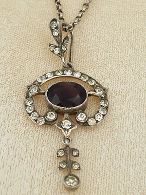 Antique Sterling Silver Pendant with Crystals on Belcher Chain-CYY-2031327