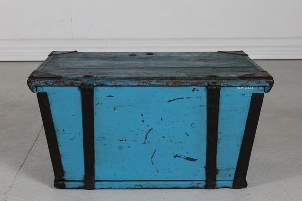 Antique Swedish Campaign Chest with Patinated Blue Paint and Iron, 1850s-QQ-1725530