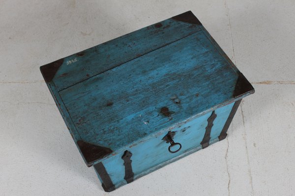 Antique Swedish Campaign Chest with Patinated Blue Paint and Iron, 1850s-QQ-1725530