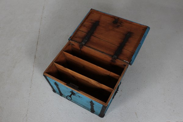 Antique Swedish Campaign Chest with Patinated Blue Paint and Iron, 1850s-QQ-1725530