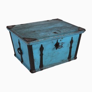 Antique Swedish Campaign Chest with Patinated Blue Paint and Iron, 1850s-QQ-1725530