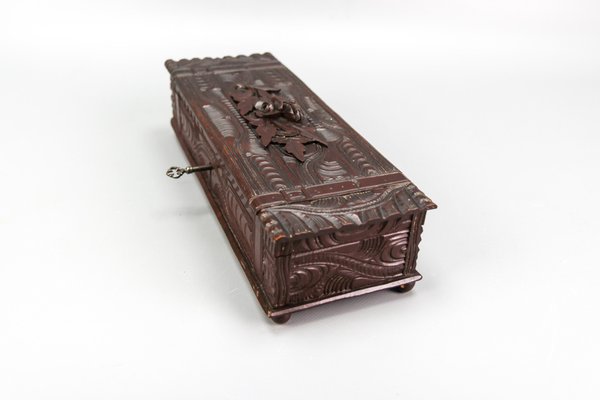 Antique Swiss Black Forest Dark Brown Carved Wood Glove Box, Ca. 1900s-KEG-1719687