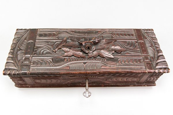 Antique Swiss Black Forest Dark Brown Carved Wood Glove Box, Ca. 1900s-KEG-1719687