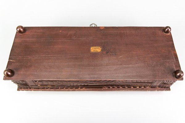 Antique Swiss Black Forest Dark Brown Carved Wood Glove Box, Ca. 1900s-KEG-1719687