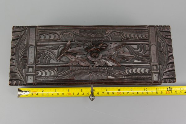 Antique Swiss Black Forest Dark Brown Carved Wood Glove Box, Ca. 1900s-KEG-1719687