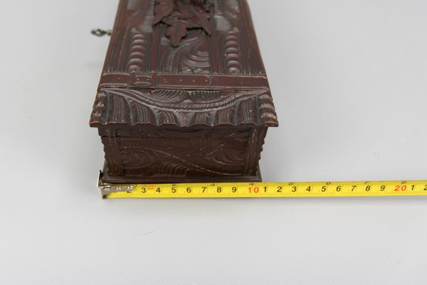 Antique Swiss Black Forest Dark Brown Carved Wood Glove Box, Ca. 1900s-KEG-1719687