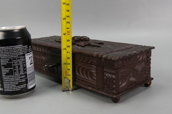 Antique Swiss Black Forest Dark Brown Carved Wood Glove Box, Ca. 1900s-KEG-1719687