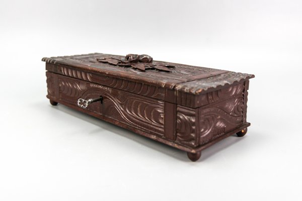 Antique Swiss Black Forest Dark Brown Carved Wood Glove Box, Ca. 1900s-KEG-1719687