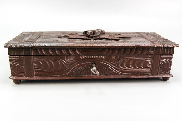 Antique Swiss Black Forest Dark Brown Carved Wood Glove Box, Ca. 1900s-KEG-1719687