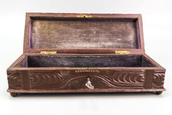 Antique Swiss Black Forest Dark Brown Carved Wood Glove Box, Ca. 1900s-KEG-1719687