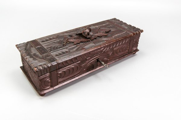 Antique Swiss Black Forest Dark Brown Carved Wood Glove Box, Ca. 1900s-KEG-1719687