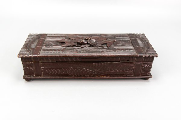 Antique Swiss Black Forest Dark Brown Carved Wood Glove Box, Ca. 1900s-KEG-1719687