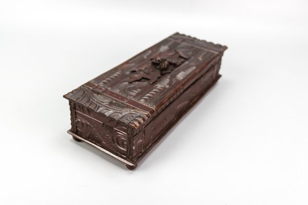 Antique Swiss Black Forest Dark Brown Carved Wood Glove Box, Ca. 1900s-KEG-1719687