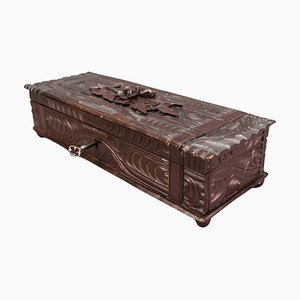 Antique Swiss Black Forest Dark Brown Carved Wood Glove Box, Ca. 1900s-KEG-1719687