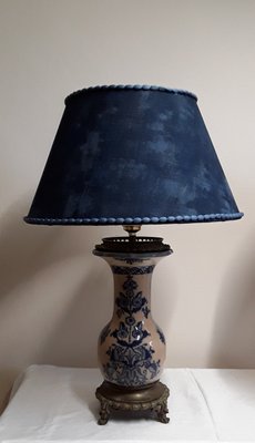 Antique Table Lamp with Beige-Blue Ceramic Foot, 1890s-HOI-1769007