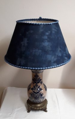 Antique Table Lamp with Beige-Blue Ceramic Foot, 1890s-HOI-1769007