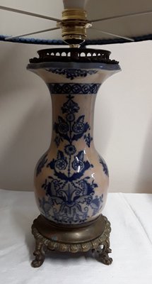 Antique Table Lamp with Beige-Blue Ceramic Foot, 1890s-HOI-1769007