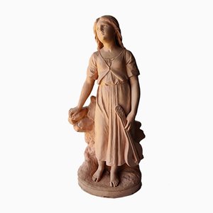 Antique Terracotta Girl with Mandolin Sculpture-JJT-691094