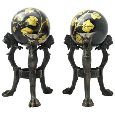 Antique Tripod Bronze Stands with Chimera and Marble Balls with Painted Ivy, Set of 2-ARU-626038