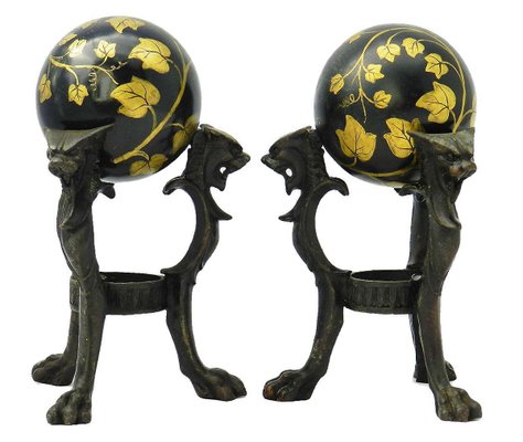 Antique Tripod Bronze Stands with Chimera and Marble Balls with Painted Ivy, Set of 2-ARU-626038