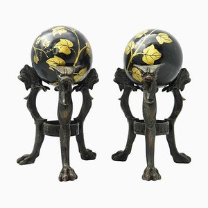 Antique Tripod Bronze Stands with Chimera and Marble Balls with Painted Ivy, Set of 2-ARU-626038