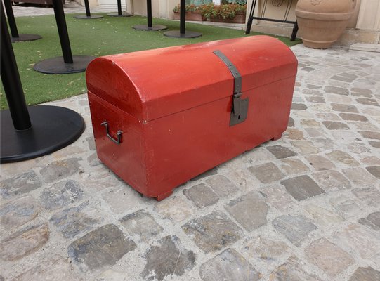 Antique Trunk in Painted Fir Wood with Bombed Slatted Cover and Original Hardware-ZFY-1335373