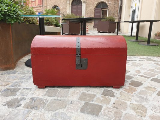 Antique Trunk in Painted Fir Wood with Bombed Slatted Cover and Original Hardware-ZFY-1335373