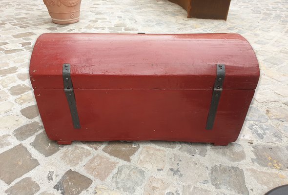 Antique Trunk in Painted Fir Wood with Bombed Slatted Cover and Original Hardware-ZFY-1335373