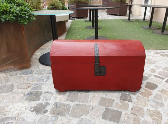 Antique Trunk in Painted Fir Wood with Bombed Slatted Cover and Original Hardware-ZFY-1335373