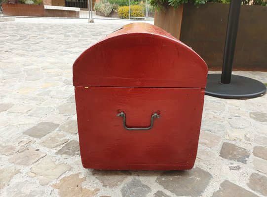 Antique Trunk in Painted Fir Wood with Bombed Slatted Cover and Original Hardware-ZFY-1335373