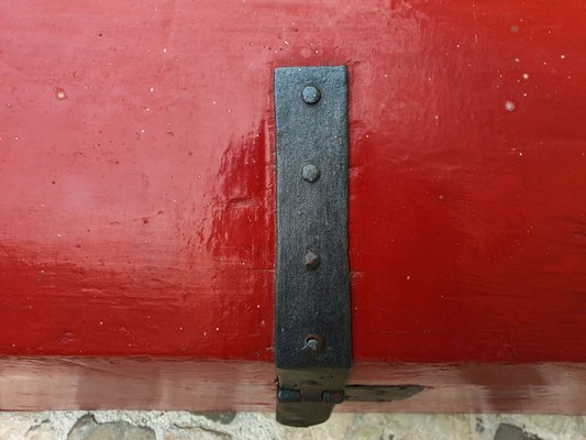 Antique Trunk in Painted Fir Wood with Bombed Slatted Cover and Original Hardware-ZFY-1335373