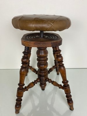 Antique Victorian Adjustable Piano Stool with Patchwork Leather Seat-WZZ-1017168