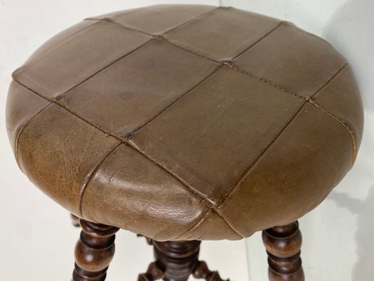 Antique Victorian Adjustable Piano Stool with Patchwork Leather Seat-WZZ-1017168