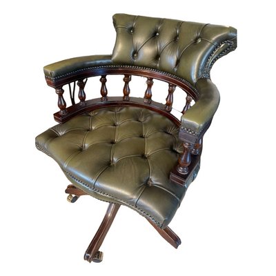 Antique Victorian Green Leather Captain's Chair-TCS-1397530