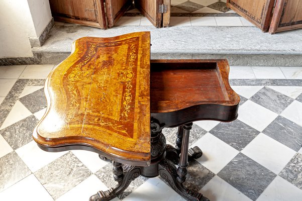 Antique Victorian Inlaid Walnut Game Table with Marquetry Top, 1860s-XGI-1736280