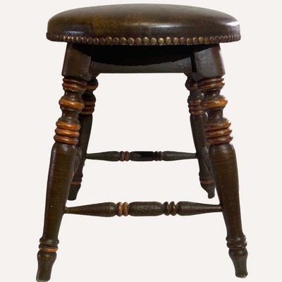 Antique Victorian Tudor Low Elm Bar Stool, England, 1900s-BHG-1277873