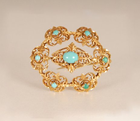 Antique Victorian Yellow Gold & Turquoise Brooch-GOE-978760