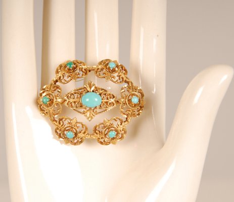 Antique Victorian Yellow Gold & Turquoise Brooch-GOE-978760