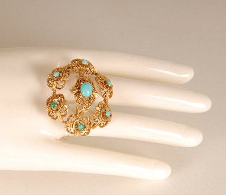 Antique Victorian Yellow Gold & Turquoise Brooch-GOE-978760