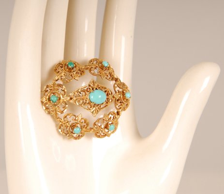 Antique Victorian Yellow Gold & Turquoise Brooch-GOE-978760