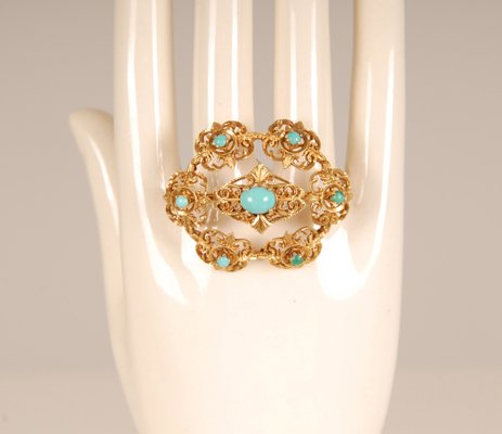 Antique Victorian Yellow Gold & Turquoise Brooch-GOE-978760